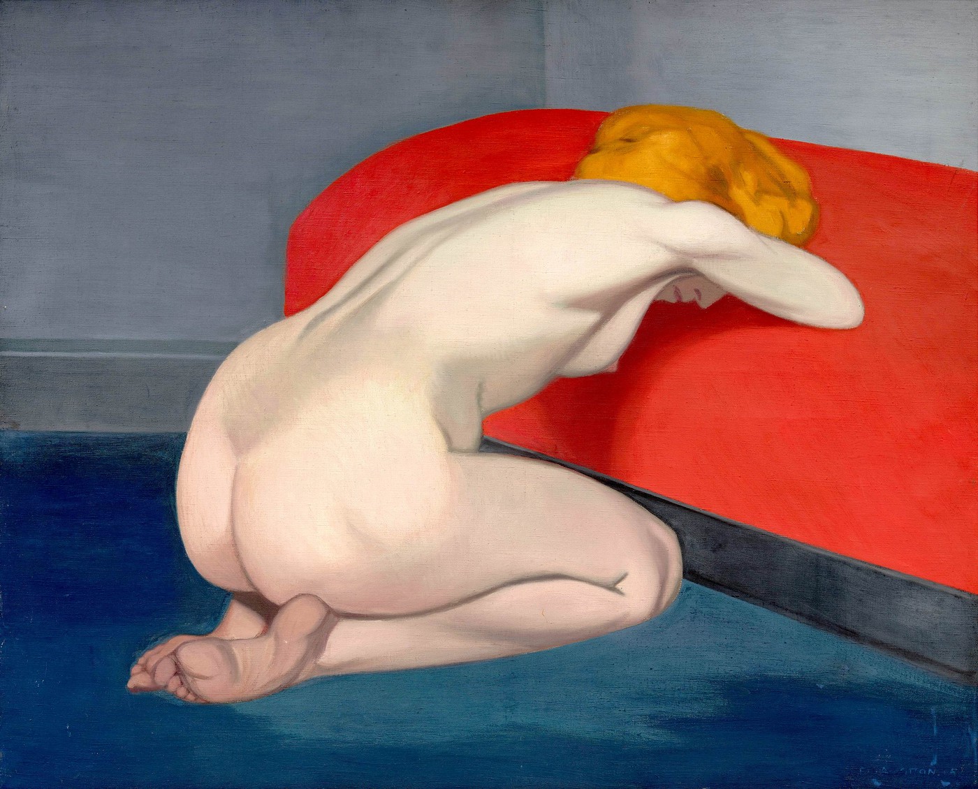 Photo Female Nude Kneeling next to a Red Sofa 1915 Félix Vallotton