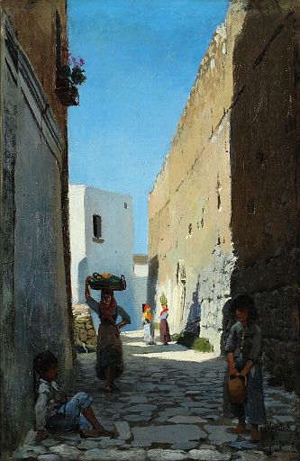 A View up a Narrow Street in Capri Shaded from a Hot Sun (1884)