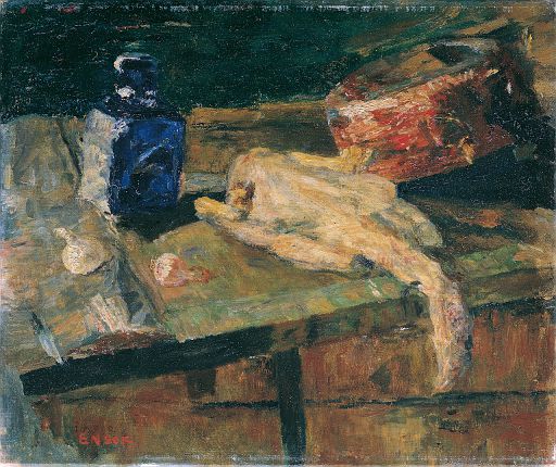 Still LIfe with Blue Bottle and Plucked Chicken (c.1910)