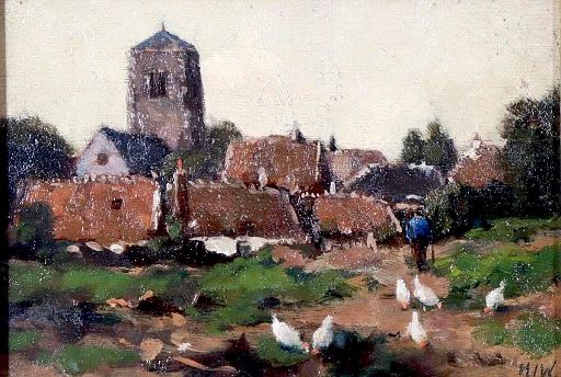 A Country Village with Chickens on a Path (undated)