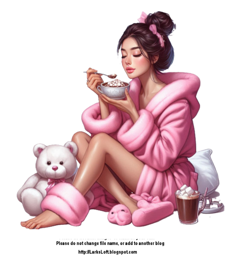 lady sitting down drinking hot chocolate with marshmallows , wearing pink bathrobe and turbin 2