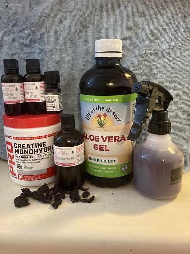 Spray Bottle Concoction -Glycerine and fresh Rosemary and dry Rosemary not pictured. Spray Bottle Concoction -Glycerine and fresh Rosemary and dry Rosemary not pictured.